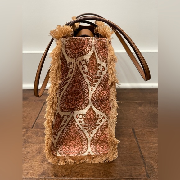 Spartina Anna Fringe Linen Leather Paisley Print Tan Peach Cream Fringe Handbag - Picture 5 of 11